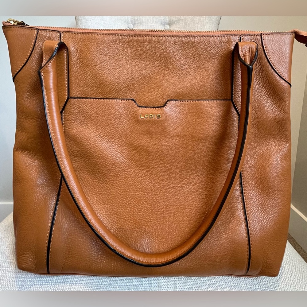 Lodis Tan Leather Tote with Gold Logo